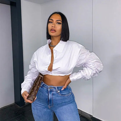 Simenual Button Ruched White Puff Sleeve Blouse Shirts Women Long Sleeved Fashion Fall 2021 Clothing Crop Blouses Solid Baddie