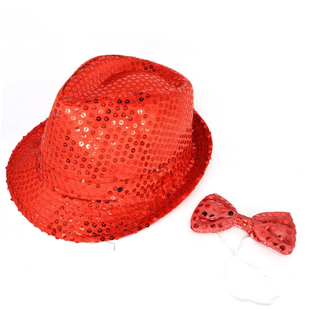 Kids Adult LED Light Up Tie Sequin Jazz Fedora Hat Flashing Neon Party Gift Costume Cap Birthday Wedding Halloween Christmas