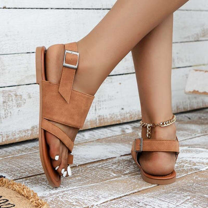 Summer New Roman Sandals Girls Pullover Toe Buckle Flat Beach Womens Shoes Retro Brown Narrow Band Sandals Plus Size 35~43