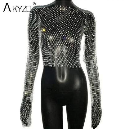 Autumn Women Sexy See Through Fishnet T Shirt Glitter Rhinestone Hollow Mesh Long Sleeve Crop Tops Nightclub Party Festival Top