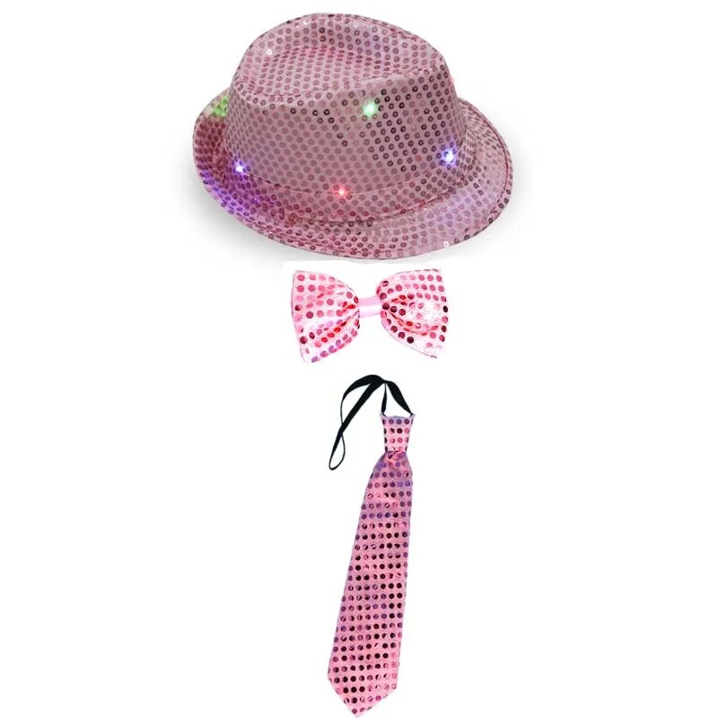 Kids Adult LED Light Up Tie Sequin Jazz Fedora Hat Flashing Neon Party Gift Costume Cap Birthday Wedding Halloween Christmas