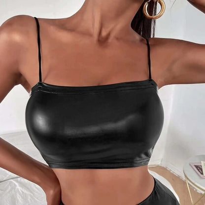 Women Sexy Black Latex Leather Crop Top Solid Spaghetti Strap Tank Tops Ladies Vest Summer Fashion Backless Bodycon Vest Top