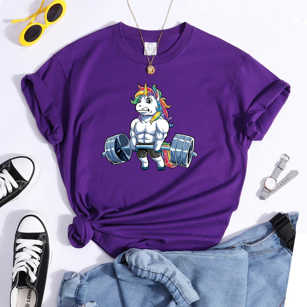 Funny Gym Unicorn Fitness Cute Prints Women T-shirt Summer Casual Short Sleeve Street Loose Breathable Tee Clothes