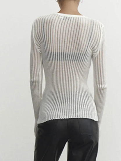 Women's Spring/Summer Long Sleeved Round Neck Thin Breathable Knitted Top with Sun Protection
