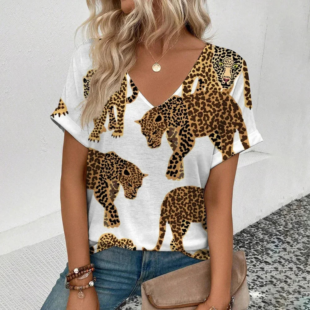 Summer clothing V-neck sexy leopard print T-shirt animal pattern women's shirt short sleeve street Korean style women's clothing
