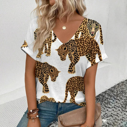 Summer clothing V-neck sexy leopard print T-shirt animal pattern women's shirt short sleeve street Korean style women's clothing