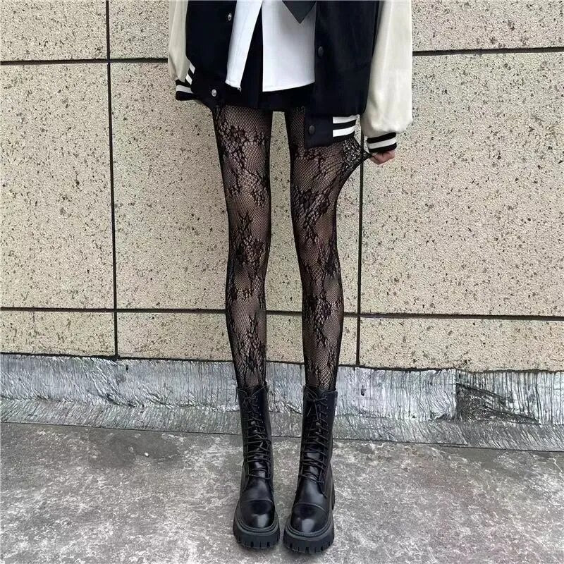 Classic Lolita Hollowed Out Lace Mesh Stockings Bottomed Pantyhose Women Gothic Punk Retro Spider Web Tights
