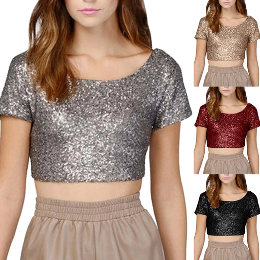 Womens T Shirts Short Sleeve Sexy Sparkling Sequins Backless Crop Top Multicolor T Shirt Wool Long Sleeve Shirt Women