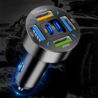 6 Ports USB Car Charger 66W PD USB Type C Quick Charge Car Phone Charger for Samsung Huawei Xiaomi iphone