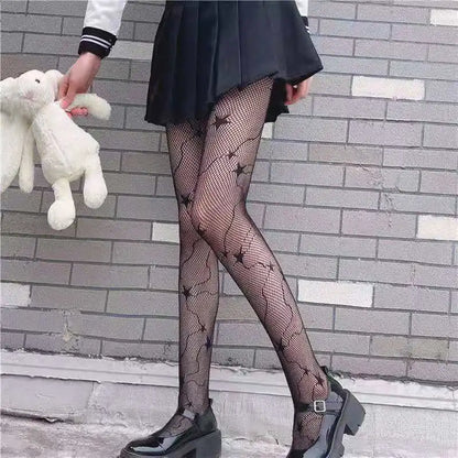 Lolita Cute Pentacle Print Tights Women Sexy Gothic Punk Magical Five-Pointed Star Mesh Fish Net Pantyhose Body Stockings