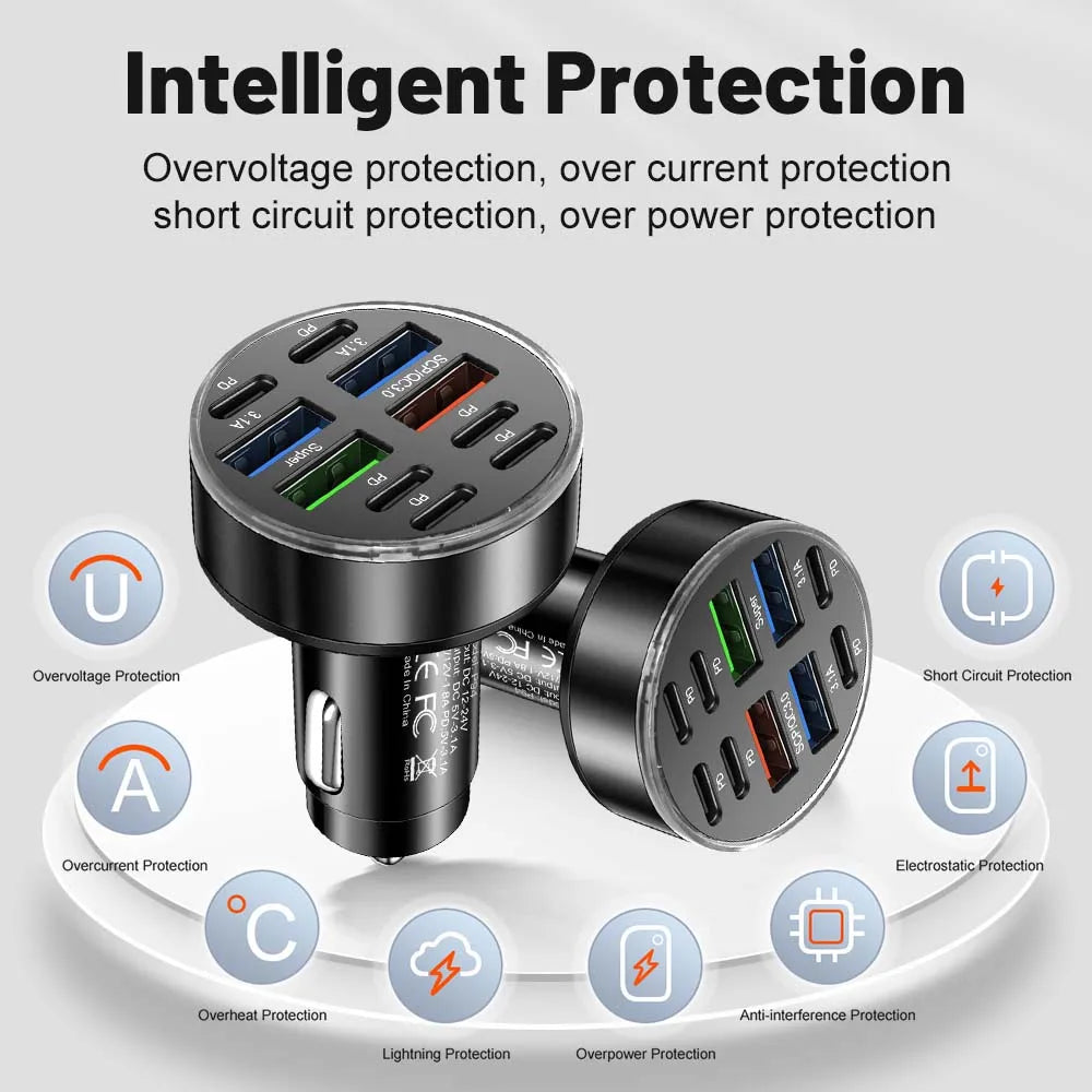 10 Ports Car Charger USB C Car Phone Charger PD Power Adapter in Car Fast Charging For iPhone Samsung Xiaomi Huawei QC 3.0
