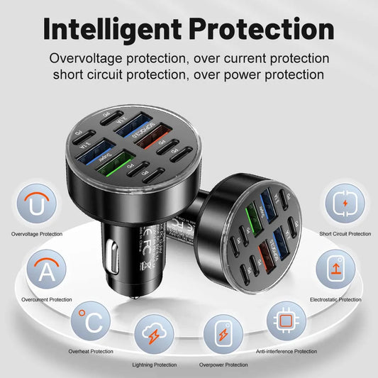 10 Ports Car Charger USB C Car Phone Charger PD Power Adapter in Car Fast Charging For iPhone Samsung Xiaomi Huawei QC 3.0