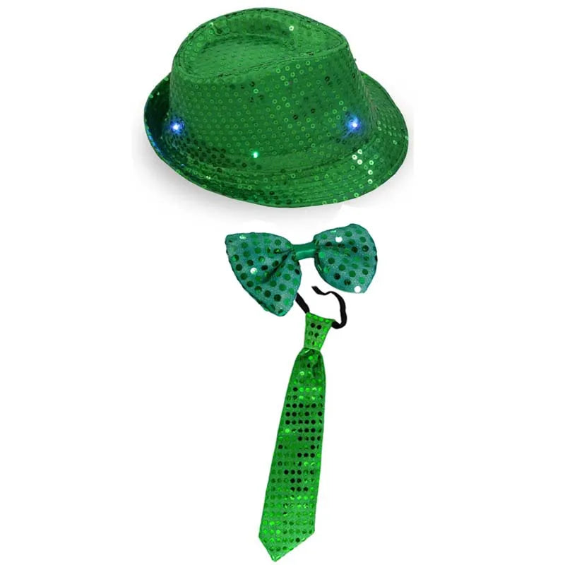 Kids Adult LED Light Up Tie Sequin Jazz Fedora Hat Flashing Neon Party Gift Costume Cap Birthday Wedding Halloween Christmas