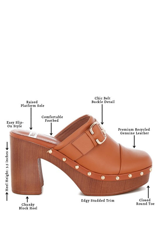 Brown platform clog shoe with features labeled on a white background