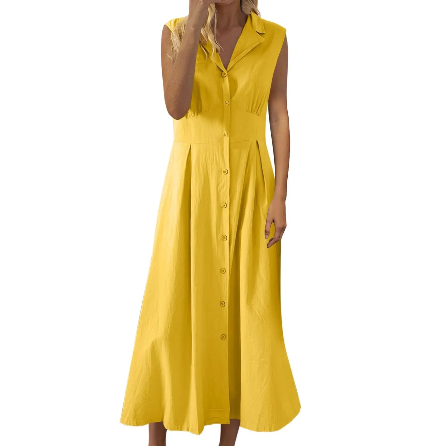 Casual Loose Sleeveless Shirt Dress Solid Color Button Cotton Linen Blend Dress Elegant Vacation Holiday Dresses платье женское