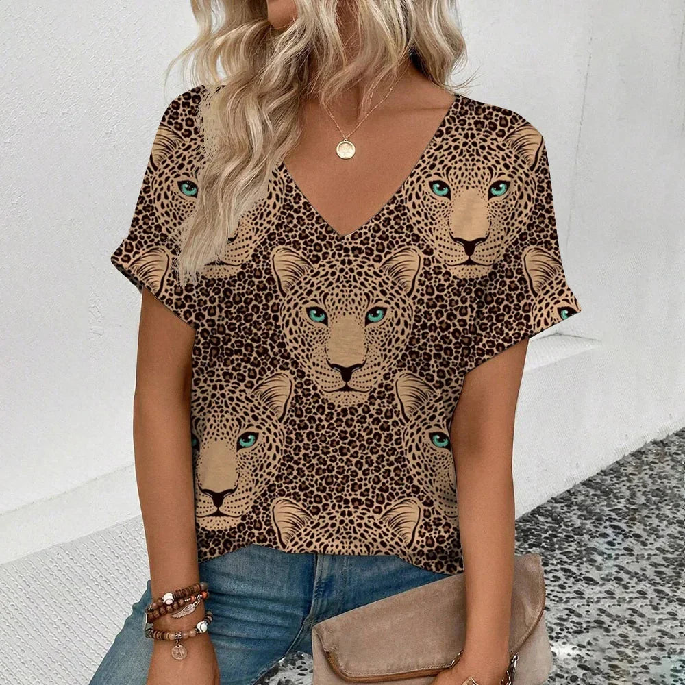 Summer clothing V-neck sexy leopard print T-shirt animal pattern women's shirt short sleeve street Korean style women's clothing