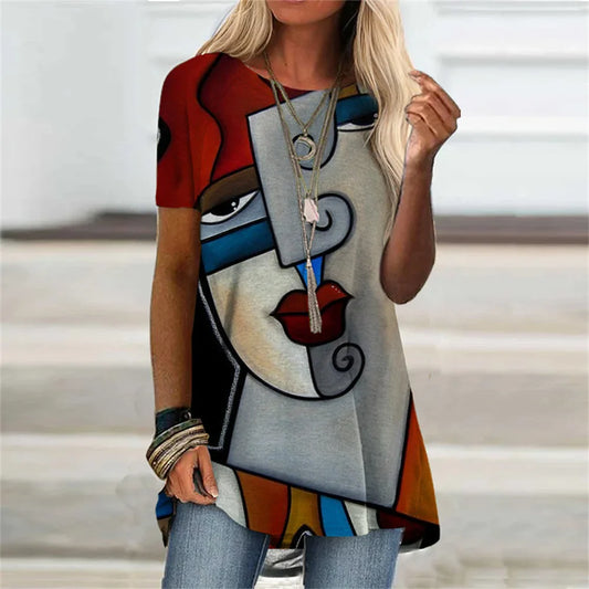 Abstract Face Graphic 3D Print T-shirt Summer Streetwear Retro Women Short Sleeve T Shirts Y2K Tops Woman Tee Oversized Clothing