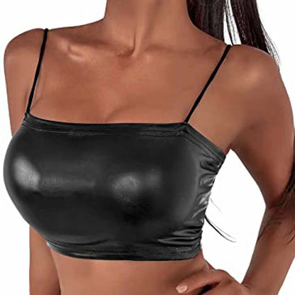 Women Sexy Black Latex Leather Crop Top Solid Spaghetti Strap Tank Tops Ladies Vest Summer Fashion Backless Bodycon Vest Top