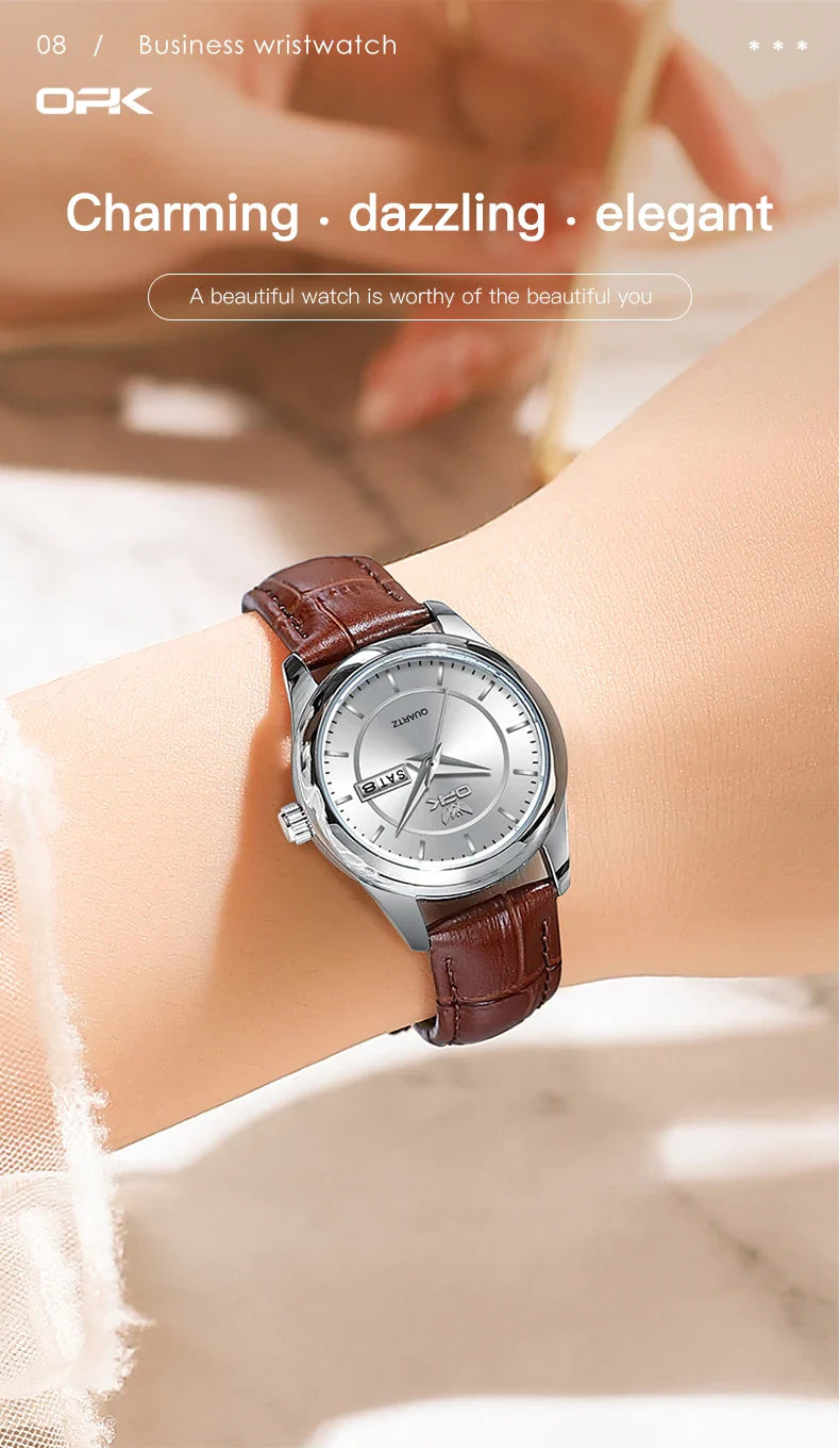 OPK 6022 Women's Watches Elegant Fashion Small Quartz Wristwatch for Ladies Waterproof  Leather Strap Dual Calendar Display