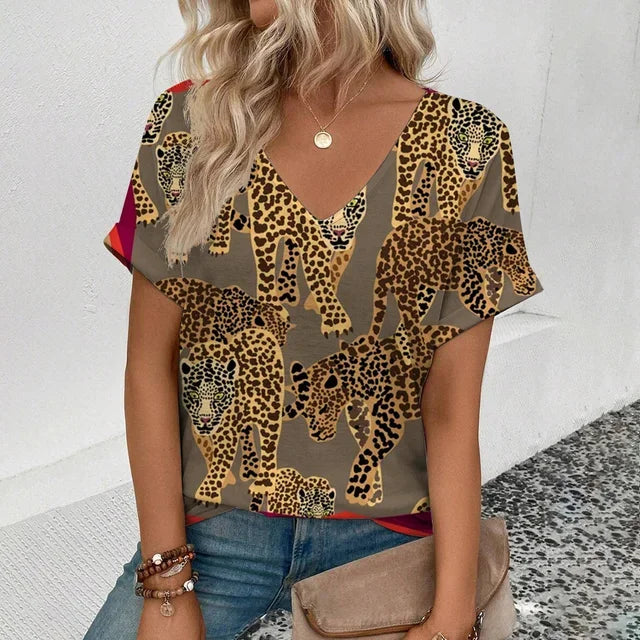 Summer clothing V-neck sexy leopard print T-shirt animal pattern women's shirt short sleeve street Korean style women's clothing