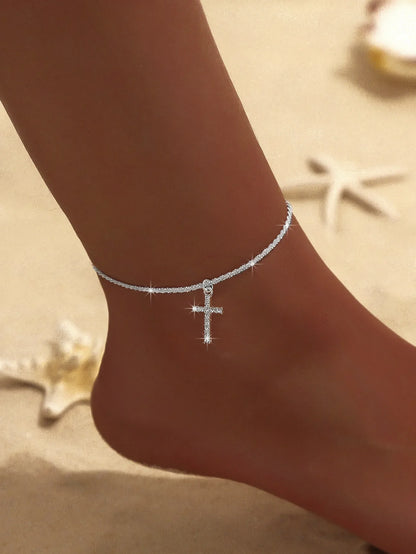 Summer Shiny Sparkling Simple Silver Color Anklet Zircon Cross Love Pearl Double Layer Bracelet On Leg Foot Trendy Beach Jewelry