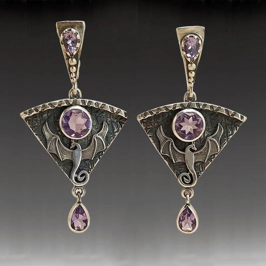 Vintage Exaggerated Dragon Gothic Punk Metal Earrings Ethnic Faux Pink Stone Pendant Earrings Jewelry