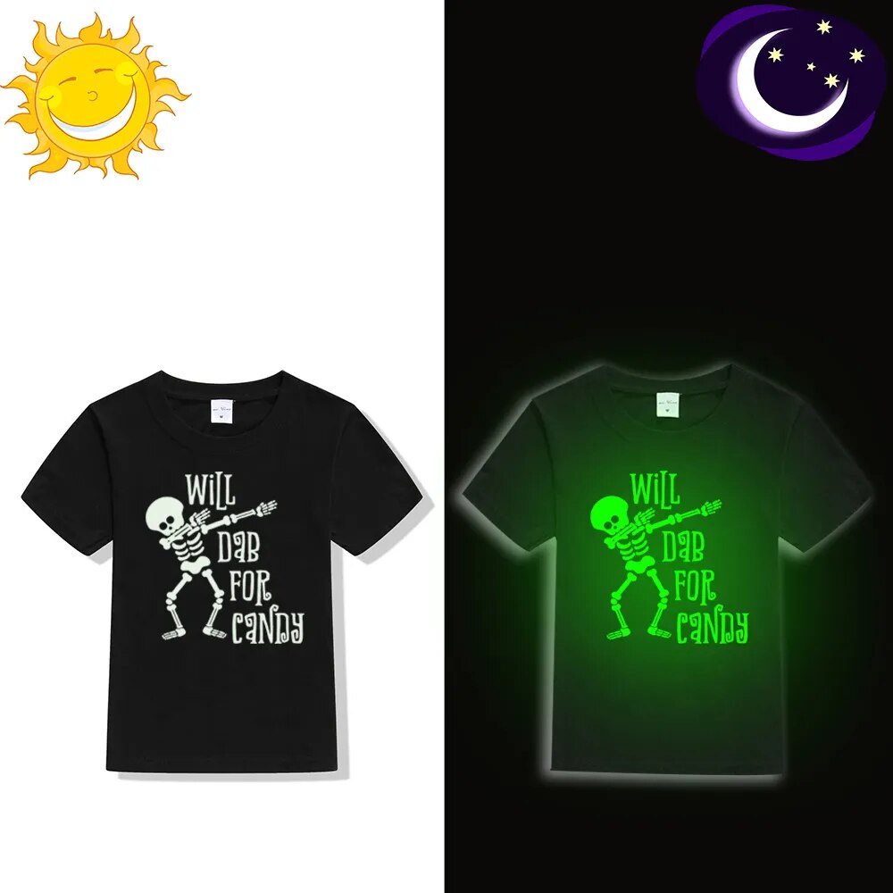 Will Dab for Candy Funny Kids Halloween Luminous T Shirt Children Short Sleeve Noctilucent T-shirts Toddler Glow In Dark Tees