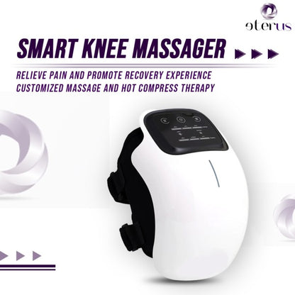Ergonomic, fully-wrapped smart knee massager device featuring a wireless design, pulse technology, and hot compress therapy for joint pain relief and recovery.

