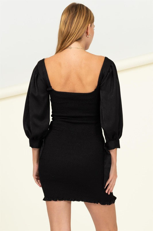 Smocked mini dress with stretchy smocked bodice, short sleeves, and flared skirt — comfortable and stylish for day to evening wear