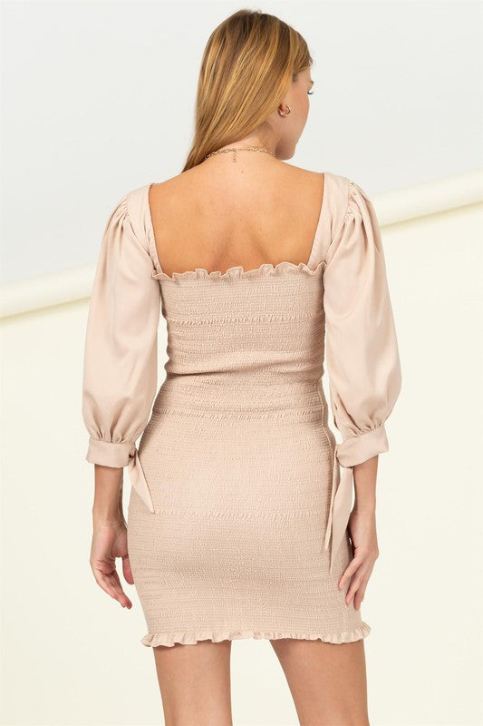 Smocked mini dress with stretchy smocked bodice, short sleeves, and flared skirt — comfortable and stylish for day to evening wear