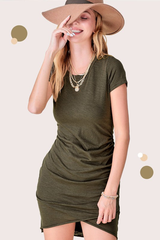 Soft ruched round neck mini dress with short sleeves and side gathering for a flattering silhouette