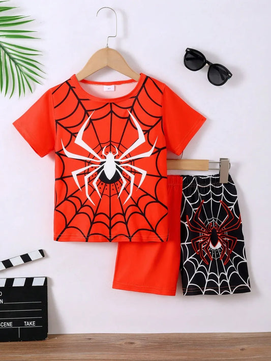 Spider-themed children's outfit with t-shirt and shorts on a hanger against a white background.