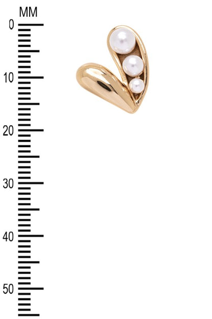 Gold earrings with a unique design. Each earring has a curved gold shape like a half-moon or a "C" facing downwards, with three pearls of different sizes set inside the curve. The background is plain white.