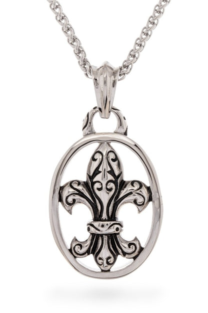 Silver pendant necklace featuring a classic Fleur-de-lis design in an open oval frame. Elegant, timeless, and perfect for everyday wear.
