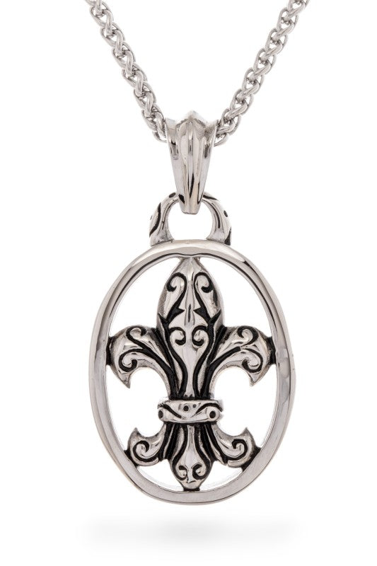 Silver pendant necklace featuring a classic Fleur-de-lis design in an open oval frame. Elegant, timeless, and perfect for everyday wear.