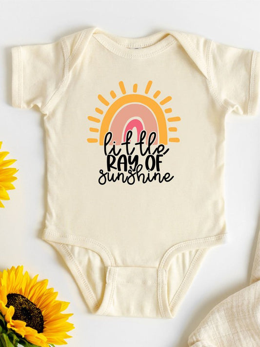 Baby girl onesie in soft cotton with “Sunshine” graphic, snap-leg closure

