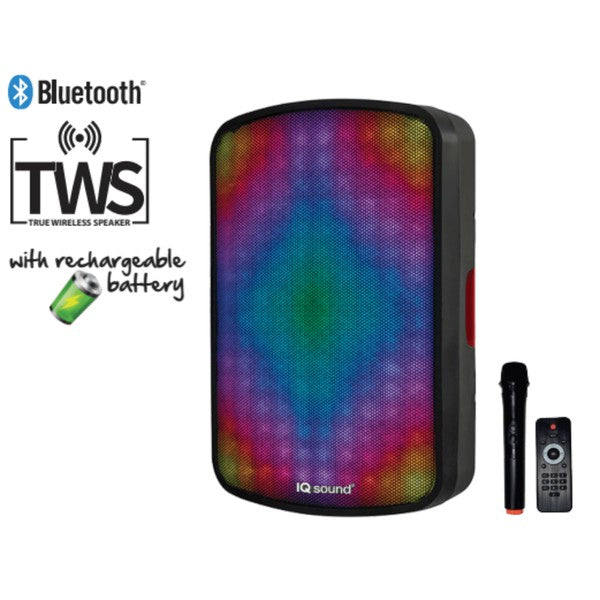 A black IQ Sound speaker with multicolor LED lights—compact, stylish, and ideal for parties or personal use.
