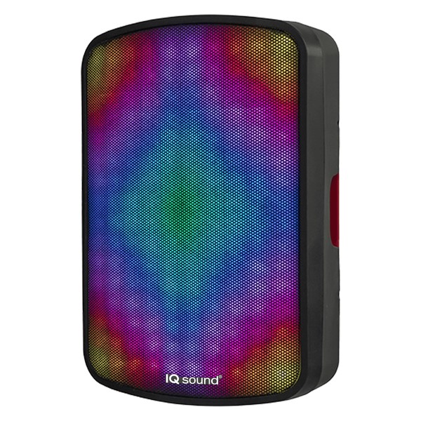 A black IQ Sound speaker with multicolor LED lights—compact, stylish, and ideal for parties or personal use.