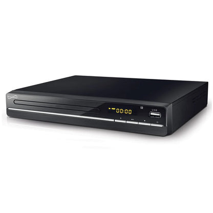 A sleek black DVD player with a disc tray, digital display showing "00:00", USB port, and control buttons—designed for playing DVDs and media via USB.