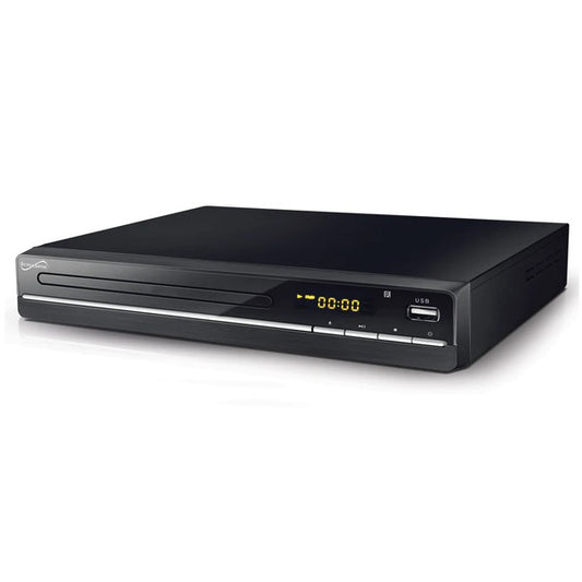 A sleek black DVD player with a disc tray, digital display showing "00:00", USB port, and control buttons—designed for playing DVDs and media via USB.