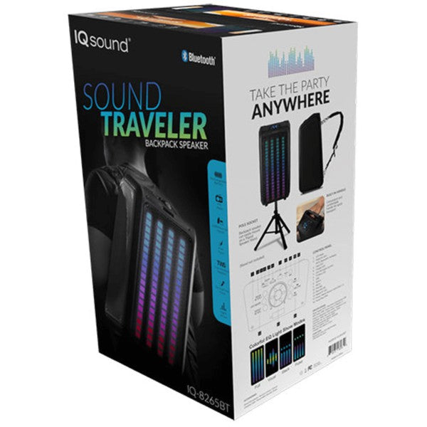 A tall portable speaker with colorful vertical LED lights, paired with a wired microphone and remote control—ideal for events, karaoke, or public speaking.
