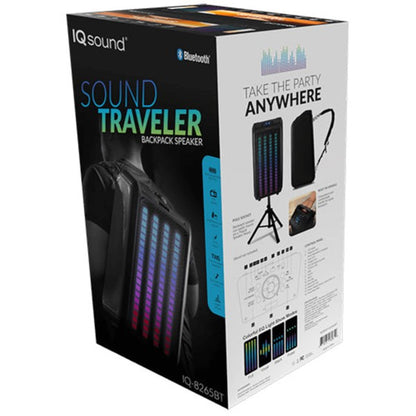 A tall portable speaker with colorful vertical LED lights, paired with a wired microphone and remote control—ideal for events, karaoke, or public speaking.