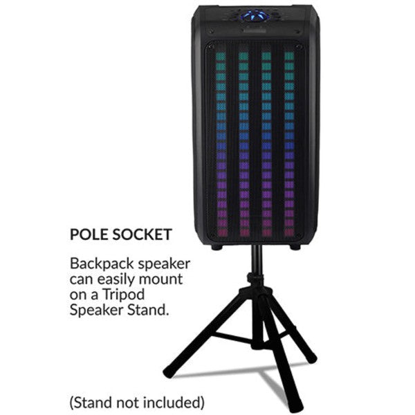 A tall portable speaker with colorful vertical LED lights, paired with a wired microphone and remote control—ideal for events, karaoke, or public speaking.