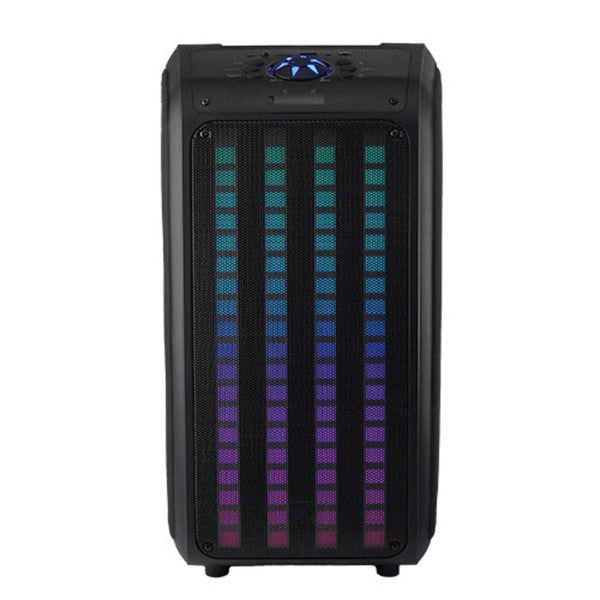 A tall portable speaker with colorful vertical LED lights, paired with a wired microphone and remote control—ideal for events, karaoke, or public speaking.