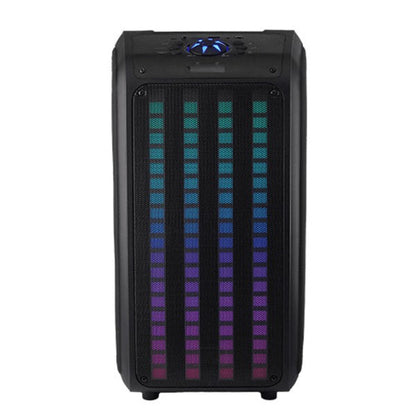A tall portable speaker with colorful vertical LED lights, paired with a wired microphone and remote control—ideal for events, karaoke, or public speaking.