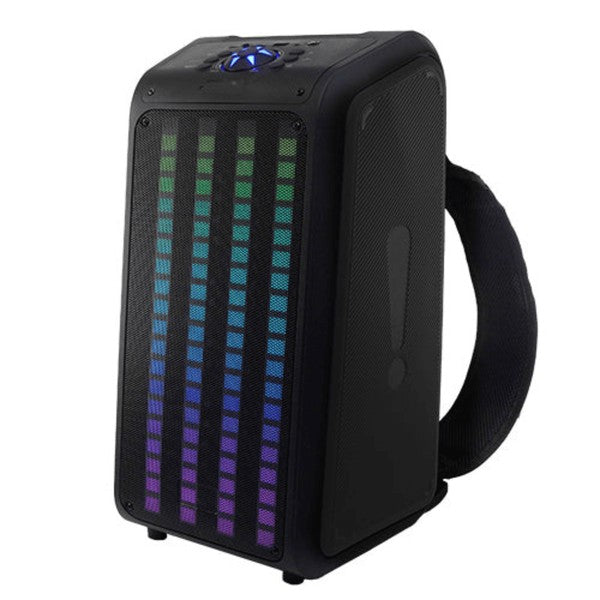A tall portable speaker with colorful vertical LED lights, paired with a wired microphone and remote control—ideal for events, karaoke, or public speaking.