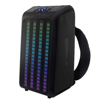 A tall portable speaker with colorful vertical LED lights, paired with a wired microphone and remote control—ideal for events, karaoke, or public speaking.