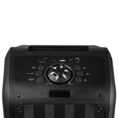 A tall portable speaker with colorful vertical LED lights, paired with a wired microphone and remote control—ideal for events, karaoke, or public speaking.