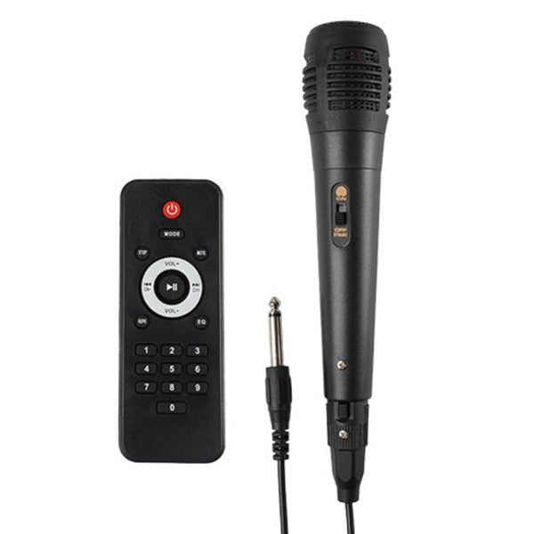 A tall portable speaker with colorful vertical LED lights, paired with a wired microphone and remote control—ideal for events, karaoke, or public speaking.