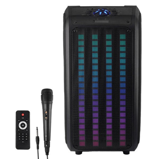 A tall portable speaker with colorful vertical LED lights, paired with a wired microphone and remote control—ideal for events, karaoke, or public speaking.